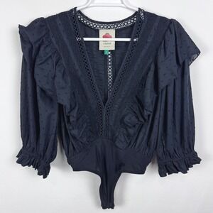 FARM Rio Women's Black Eyelet Lace Ruffle Bodysuit 3/4 Sleeve Deep V Neck Small